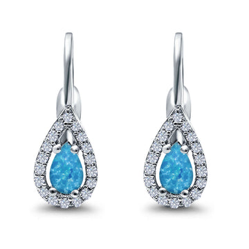 Halo Teardrop LeverBack Earrings Pear Lab Created Blue Opal 925 Sterling Silver